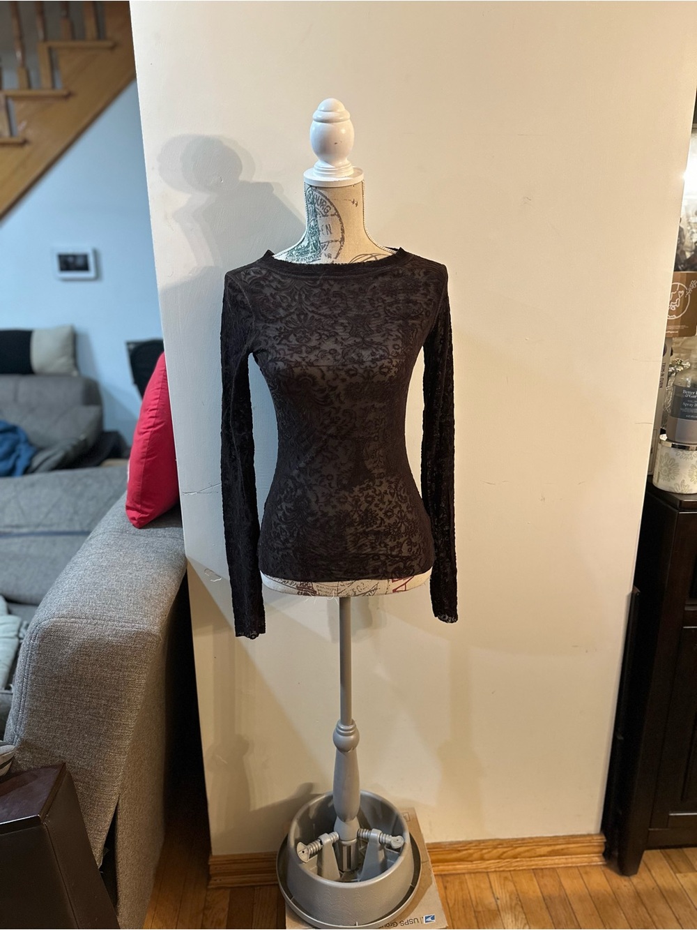 Brown Long-Sleeve Lace-Texture Women's Top